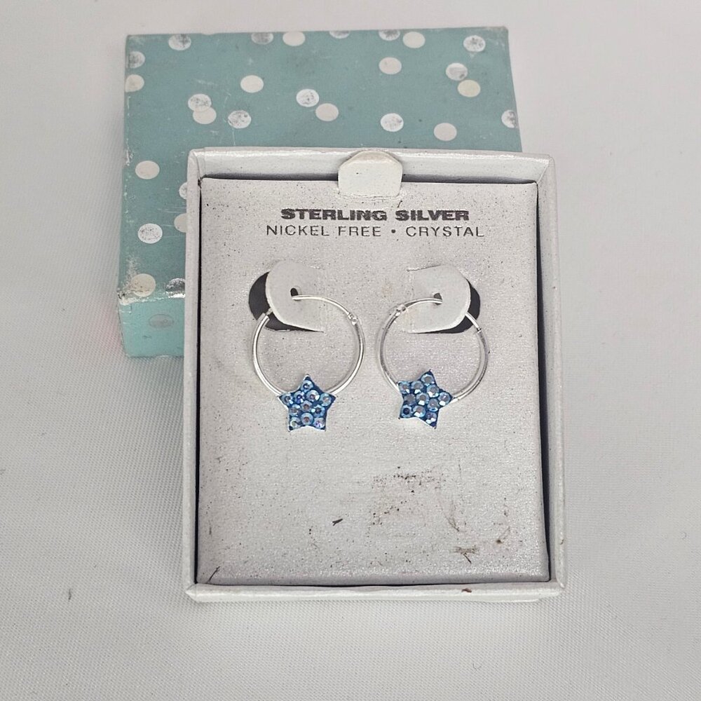 Girls Sterling Silver crystal blue star hoop earrings jewelry new   The earrings